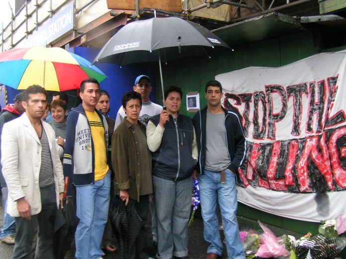 Family and friends of Jean Charles de Menezes outside Stockwell tube station yesterday