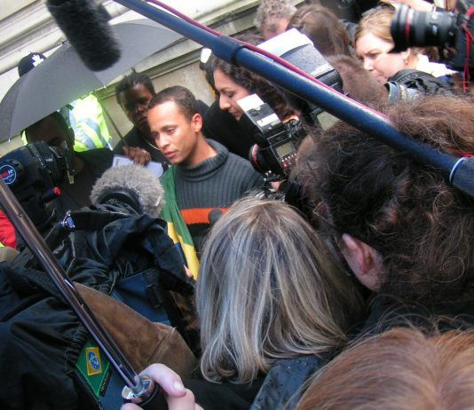 Alessandro Pereira outside Downing Street after presenting a letter to Blair