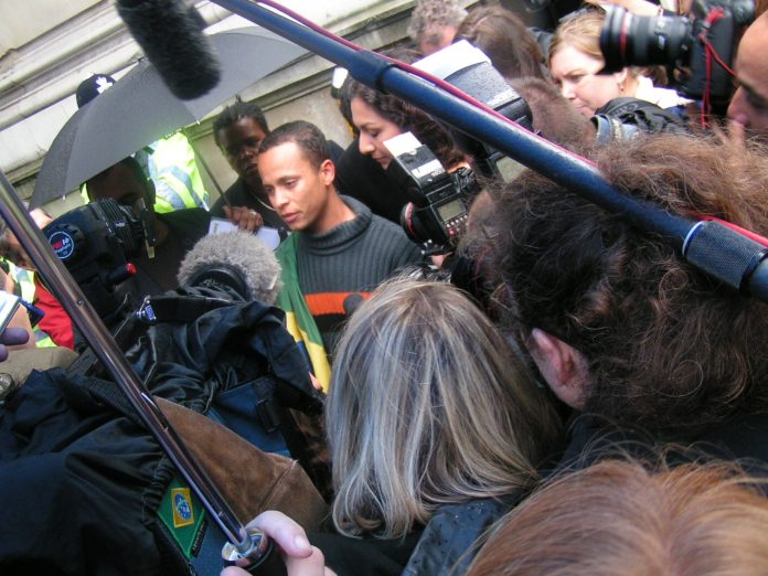 Alessandro Pereira outside Downing Street after presenting a letter to Blair