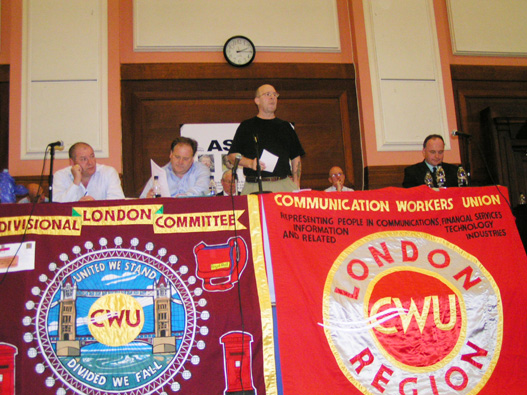 Chairman NORMAN CANDY (CWU London Divisional Committee) opening the mass rally against privatisation in central London yesterday