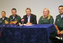UNISON General Secretary DAVE PRENTIS (centre) with Ambulance workers PHIL BELL, mark belkin, paramedic ANDREA SHIELDS and duty station officer MOHAMMED HALAWI