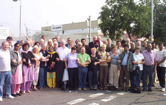 Locked-out Gate Gourmet workers were joined by the TGWU executive council members on the picket line outside the factory yesterday