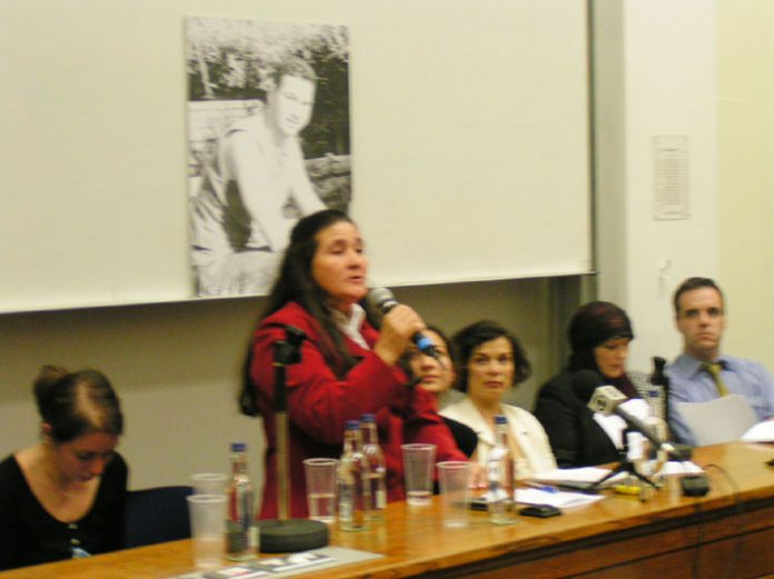 MARIA OTONE DE MENEZES, mother of Jean Charles addressing the packed London meeting on Monday night