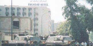 US tanks block the road in central Baghdad
