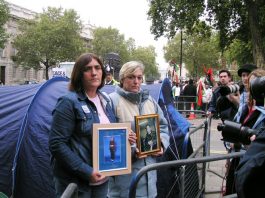 ROSE GENTLE and SUSAN SMITH at the start of their Peace Camp outside Downing Street yesterday afternoon