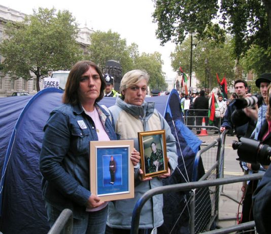 ROSE GENTLE and SUSAN SMITH at the start of their Peace Camp outside Downing Street yesterday afternoon