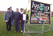 Locked-out Gate Gourmet workers picketing yesterday morning on the hill near the factory