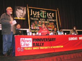 All Trades Unions Alliance Secretary DAVE WILTSHIRE addressing the News Line Anniversary rally