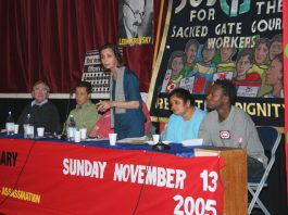 Hillingdon Hospital strike leader MALKIAT BILKU addressing the News Line Anniversary rally on Sunday, left of Malkiat is ALEX PEREIRA, cousin of Jean Charles de Menezes and on her right is PARMJIT a locked-out Gate Gourmet worker