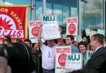 Striking members of Amicus, Bectu and the NUJ at a lunchtime rally at the Television Centre, White City  on May 23 this year
