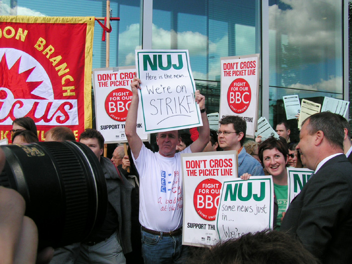 Striking members of Amicus, Bectu and the NUJ at a lunchtime rally at the Television Centre, White City  on May 23 this year