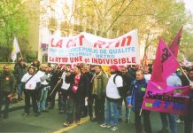 Marseilles transport workers against the privatisation of bus, tram and metro services in the city at the front of the Saturday’s Paris demonstration