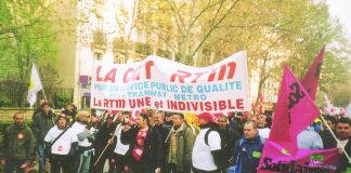 Marseilles transport workers against the privatisation of bus, tram and metro services in the city at the front of the Saturday’s Paris demonstration