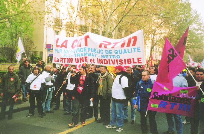 Marseilles transport workers against the privatisation of bus, tram and metro services in the city at the front of the Saturday’s Paris demonstration