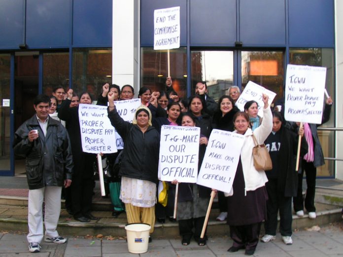 Locked-out Gate Gourmet workers outside the TGWU headquarters on Tuesday  – demanding the trade unions take action to win their jobs back