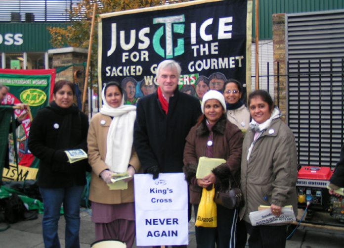 Labour MP JOHN McDONNELL with locked-out Gate Gourmet workers at a ‘Defend Fire Safety’ rally at Kings Cross last Saturday