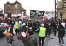 The front of the 1,000-strong march of Gate Gourmet workers and supporters in Southall on Sunday