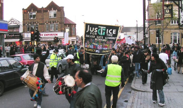 The front of the 1,000-strong march of Gate Gourmet workers and supporters in Southall on Sunday