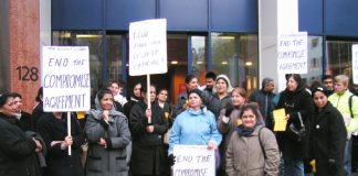 Locked-out Gate Gourmet workers lobbying the TGWU executive committee on Tuesday morning demanding the ‘Compromise Agreement’ with the company be scrapped