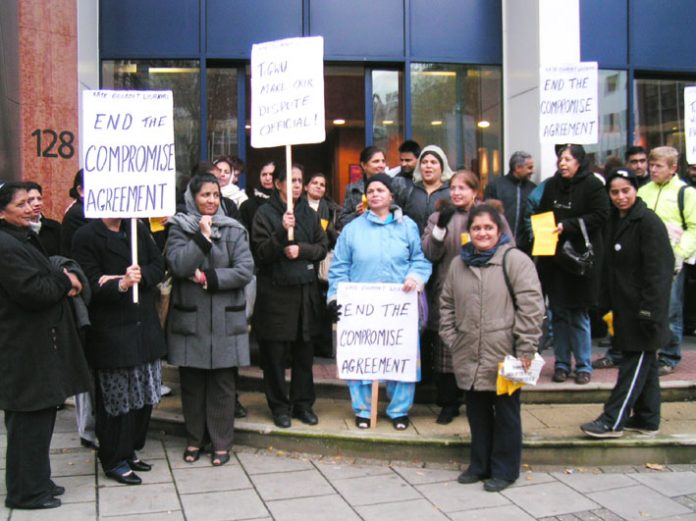 Locked-out Gate Gourmet workers lobbying the TGWU executive committee on Tuesday morning demanding the ‘Compromise Agreement’ with the company be scrapped