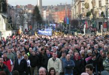 Over 100,000 workers marched through Dublin’s streets yesterday as the general strike shook the country in protest at slave labour being used on Irish Ferries