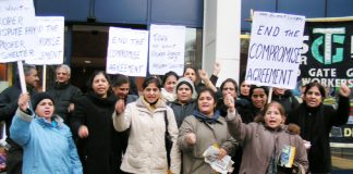 Locked -out gate Gourmet workers during their successful lobby of the TGWU Executive meeting earlier this month