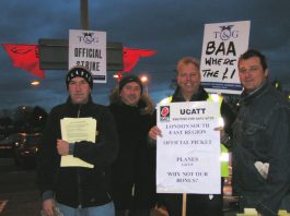 Terminal 5 building workers on the picket line early yesterday morning outside Hatton Cross tube