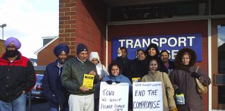 A lively delegation of Gate Gourmet locked-out workers outside the TGWU offices in Hillingdon yesterday morning