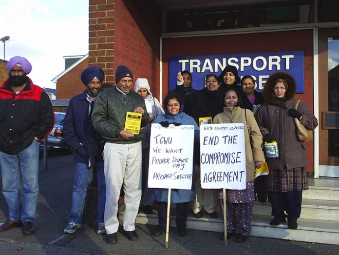 A lively delegation of Gate Gourmet locked-out workers outside the TGWU offices in Hillingdon yesterday morning