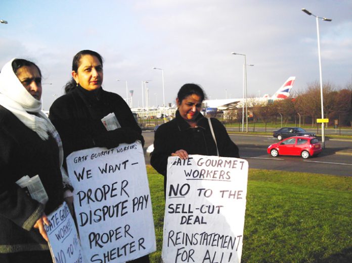 Gate Gourmet locked-out workers on the picket line at Heathrow yesterday – other pickets were out campaining at local workplaces for their conference
