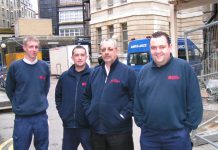 CHRIS KAVANAGH (right) with fellow fire alarm engineers, they called for the TUC to act to defend the NHS