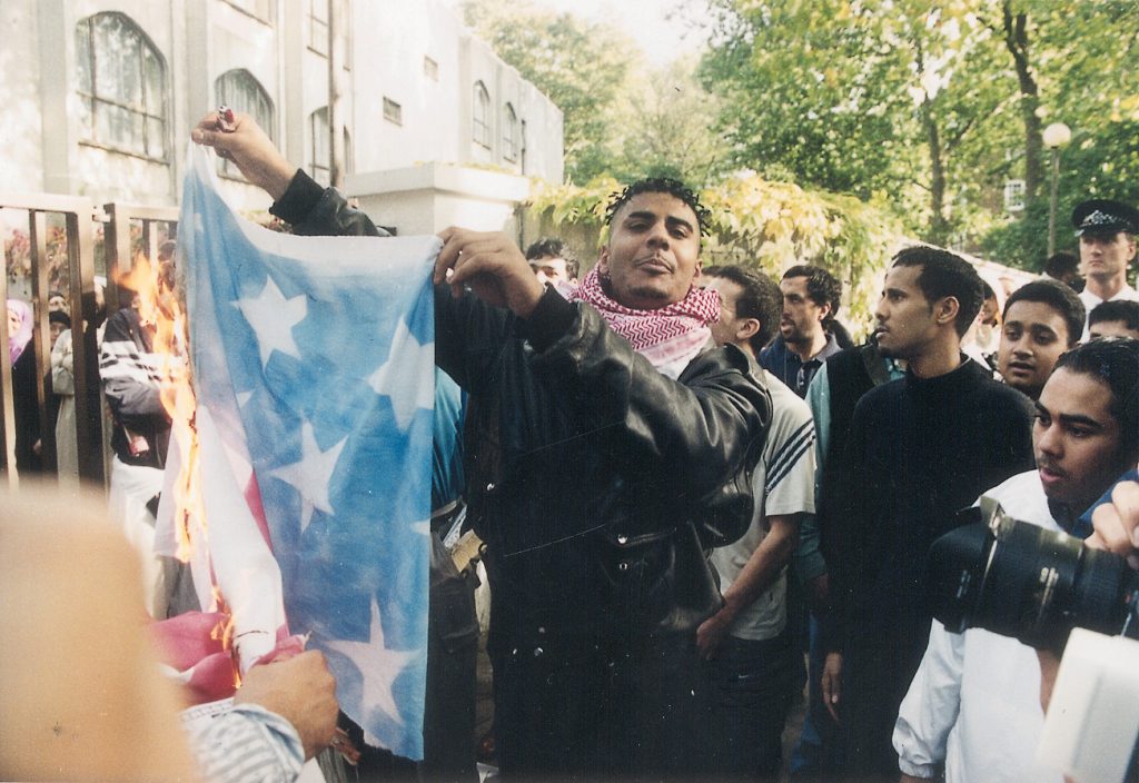 Youth in London burning the US flag in October 2001 after the war on Afghanistan began