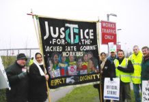 Gate Gourmet locked-out workers joined the Terminal 5 building workers’ picket line yesterday