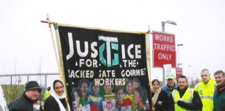 Gate Gourmet locked-out workers joined the Terminal 5 building workers’ picket line yesterday