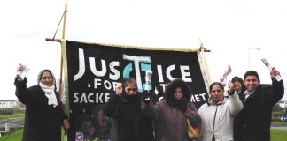 Gate Gourmet locked-out workers on the picket line at Heathrow yesterday in the freezing cold