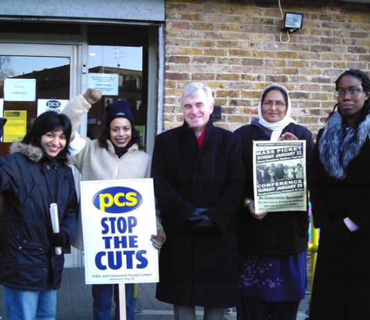 Gate Gourmet locked-out workers on the PCS picket line yesterday  morning with local MP John McDonnell (centre)