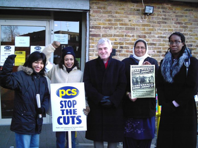 Gate Gourmet locked-out workers on the PCS picket line yesterday  morning with local MP John McDonnell (centre)