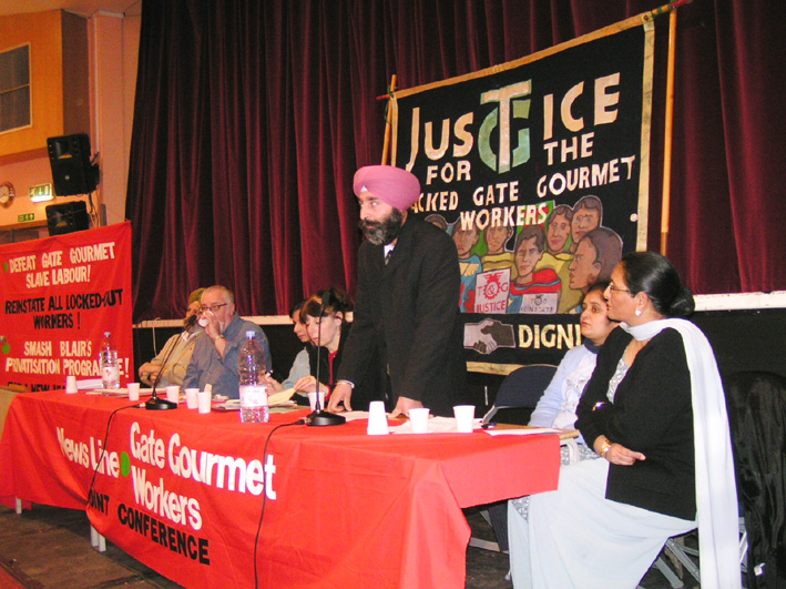 Locked-out Gate Gourmet worker HARBINDER SINGH addressing the conference from the platform