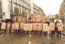 Postal workers marching during the General Strike in Belfast on January 18 2001 sparked by the sectarian killing of a young postal worker