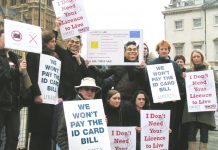 Demonstrators with their placards as they assembled opposite the House of Commons before Monday’s vote on the ID cards bill