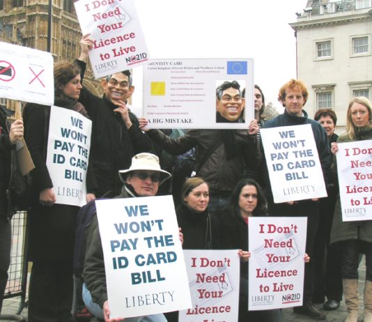 Demonstrators with their placards as they assembled opposite the House of Commons before Monday’s vote on the ID cards bill