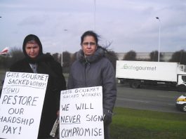 Gate Gourmet locked-out workers on the picket line yesterday near to the factory at Heathrow