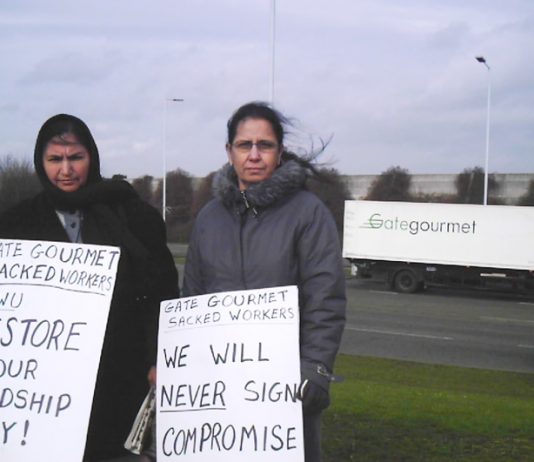 Gate Gourmet locked-out workers on the picket line yesterday near to the factory at Heathrow