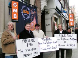 HUNDREDS OF NEW ORLEANS DEATHS COULD HAVE BEEN AVOIDED – findings of US Congressional report GMB members with their acting General Secretary PAUL KENNY (2nd left) demonstrating outside Portland PR in Holborn yesterday