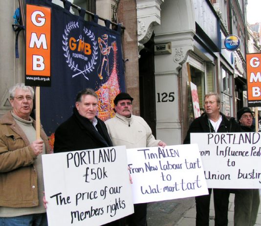 GMB members with their acting General Secretary PAUL KENNY (2nd left) demonstrating outside Portland PR in Holborn yesterday