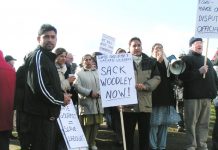 Gate Gourmet locked-out workers and their supporters on the mass picket on February 10th – the six-month anniversary of the lock out