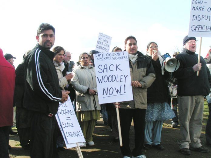 Gate Gourmet locked-out workers and their supporters on the mass picket on February 10th – the six-month anniversary of the lock out