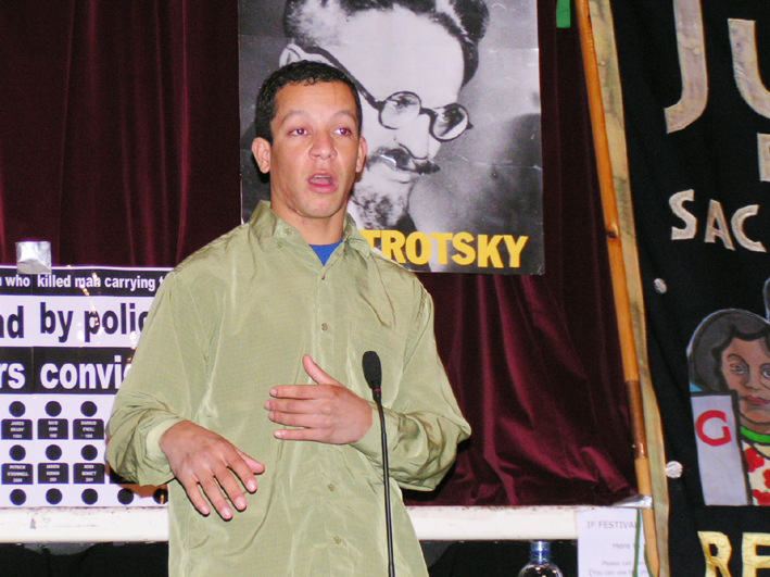 Alex pereira, cousin of Jean de Menezes, speaking at the News Line Anniversary rally last November