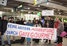 Two Gate Gourmet  locked-out workers from London’s Heathrow airport were given a warm reception at Dusseldorf airport on Wednesday when they visited striking local Gate Gourmet workers