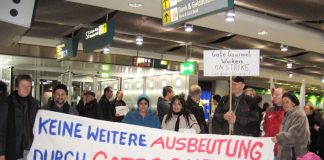 Two Gate Gourmet  locked-out workers from London’s Heathrow airport were given a warm reception at Dusseldorf airport on Wednesday when they visited striking local Gate Gourmet workers